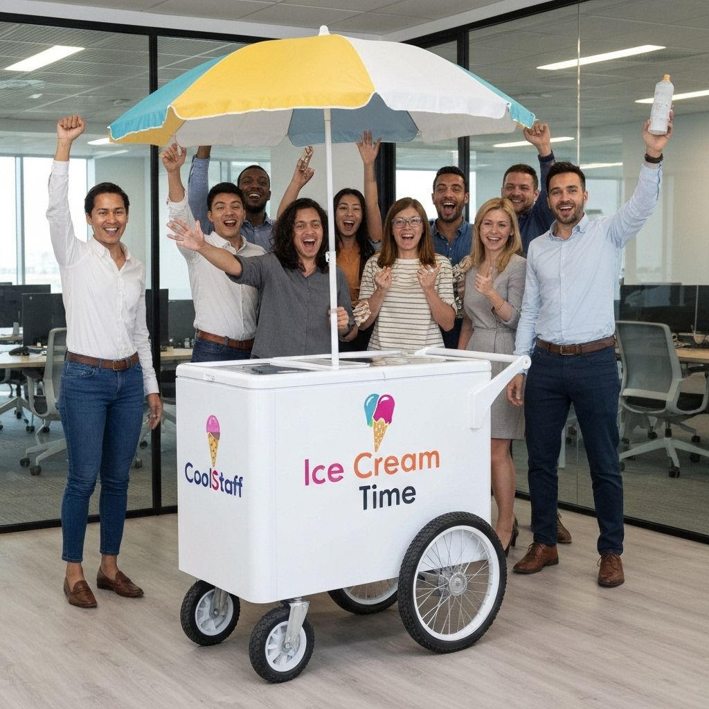 Glückliche Mitarbeitergruppe posiert ausgelassen hinter einem weißen CoolStaff Ice Cream Time Cart mit großen Rädern auf einer Seite, einem Kühlfach mit Deckel oben und rundem Sonnenschirm im modernen Büro
